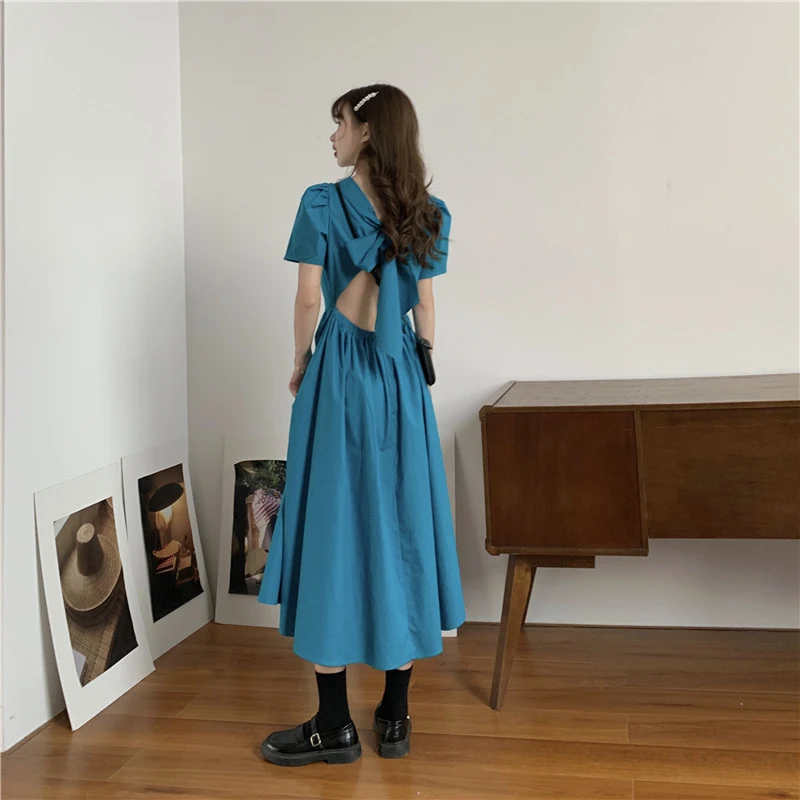 Summer Trend Back Hollow Bow Skirt Waist Solid Color Dress