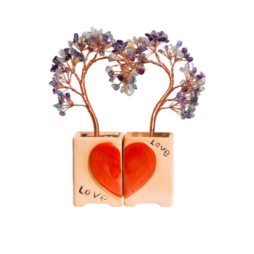 Raw Quartz Crystal Raw Stoe Couple Copper Tree Ornament(2PCS/SET)