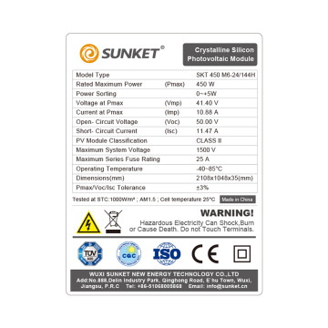 Módulo fotovoltaico de panel solar de media celda Sunket 450W