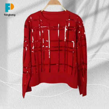 Dazzling Wine-Colored Knit Sweater with Beaded Embroidery