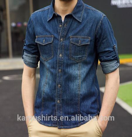 Mens denim shirt Long sleeve washed denim shirts two pockets denim shirts