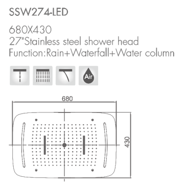 Cabeça de chuveiro multifuncional de montagem no teto com LED / chuva + cascata + função de coluna de água