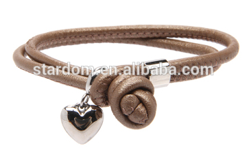Fashional color stainless steel leather bracelet with heart pendant