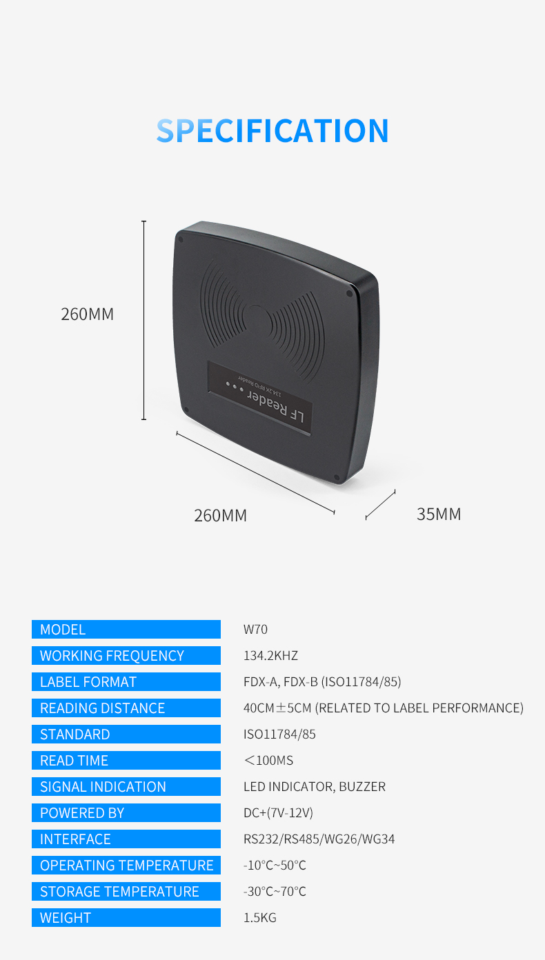 RS232 LF 134.2KHz long range for tracking animal ear tag ISO11784/11785