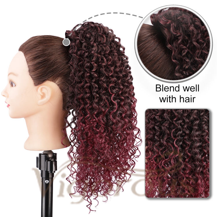Vigorous High Quality Wholesale Long Ombre Burgundy Kinky Curly Machine Made Updo Drawstring Synthetic Ponytail Hair Extension