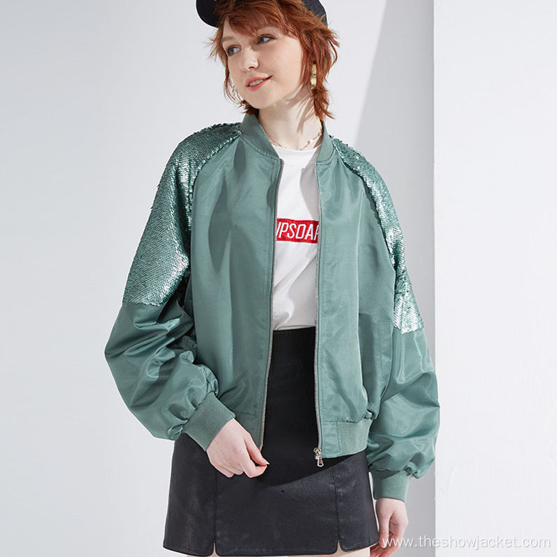2021 Customized Women Zipper Sequins Baseball Jacket