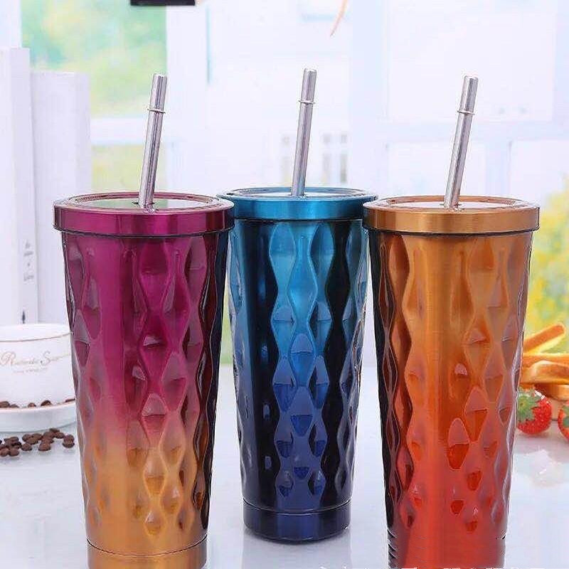 Various Coffee Cup of 500ml Diamond Shape Stainless Steel Coffee Mugs with lid and Straw