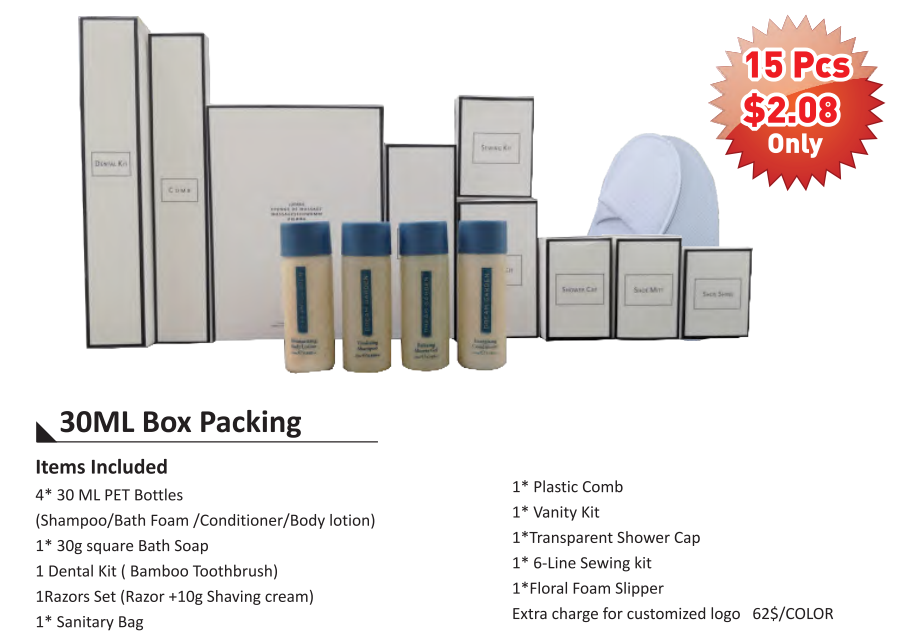 ISO Certified Promotion 15PCS Eco Friendly Customized Hotel Amenities