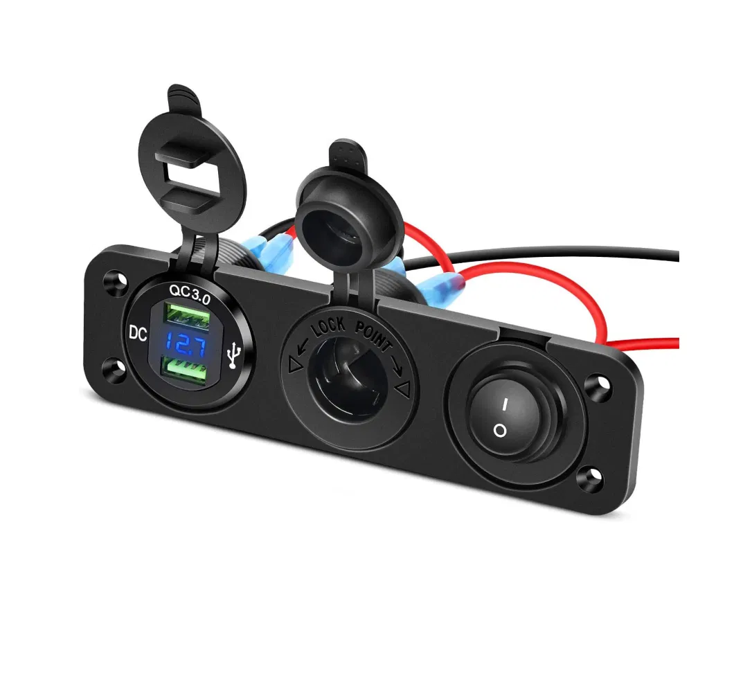 4 in 1 Charger Socket Panel Dual QC3.0 USB Charger with LED Voltmeter Display and Cigarette Lighter Socket and Power Cutoff Switch,Avoid Battery Drain off Switc