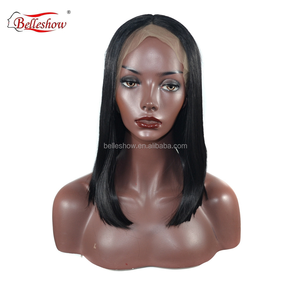 Hot sell Wholesale medium-length bobo head wig cheap synthetic lace front hair wig  black long hair wig