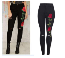 Embroidery High Rise Black Color Stretch Denim Skinny Yoga Jeans