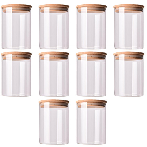 10pcs Wooden Cover Glass Jar Glass Sealed Can Food Storage Tank with Bamboo Lid for Food Grain Candy Tea