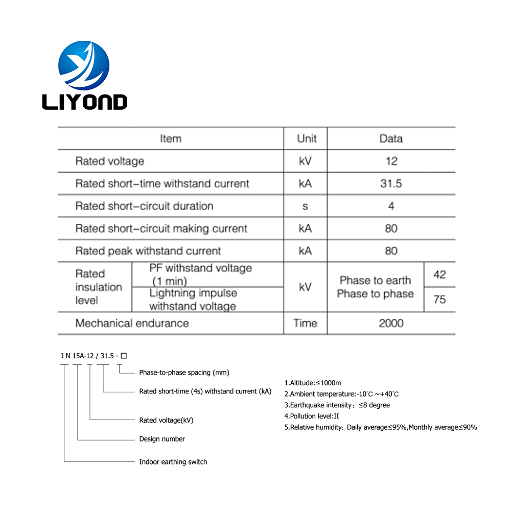 JN15A-12/31.5  Indoor High Voltage earth switch earthing switch for Switchgear