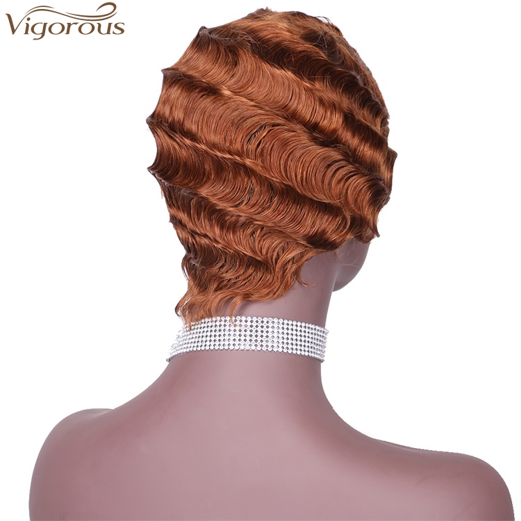 Vigorous Cheap 100% Real Human Hair Finger Wave Wig Pixie Cut Short Light Auburn Curly Wigs for African American Women
