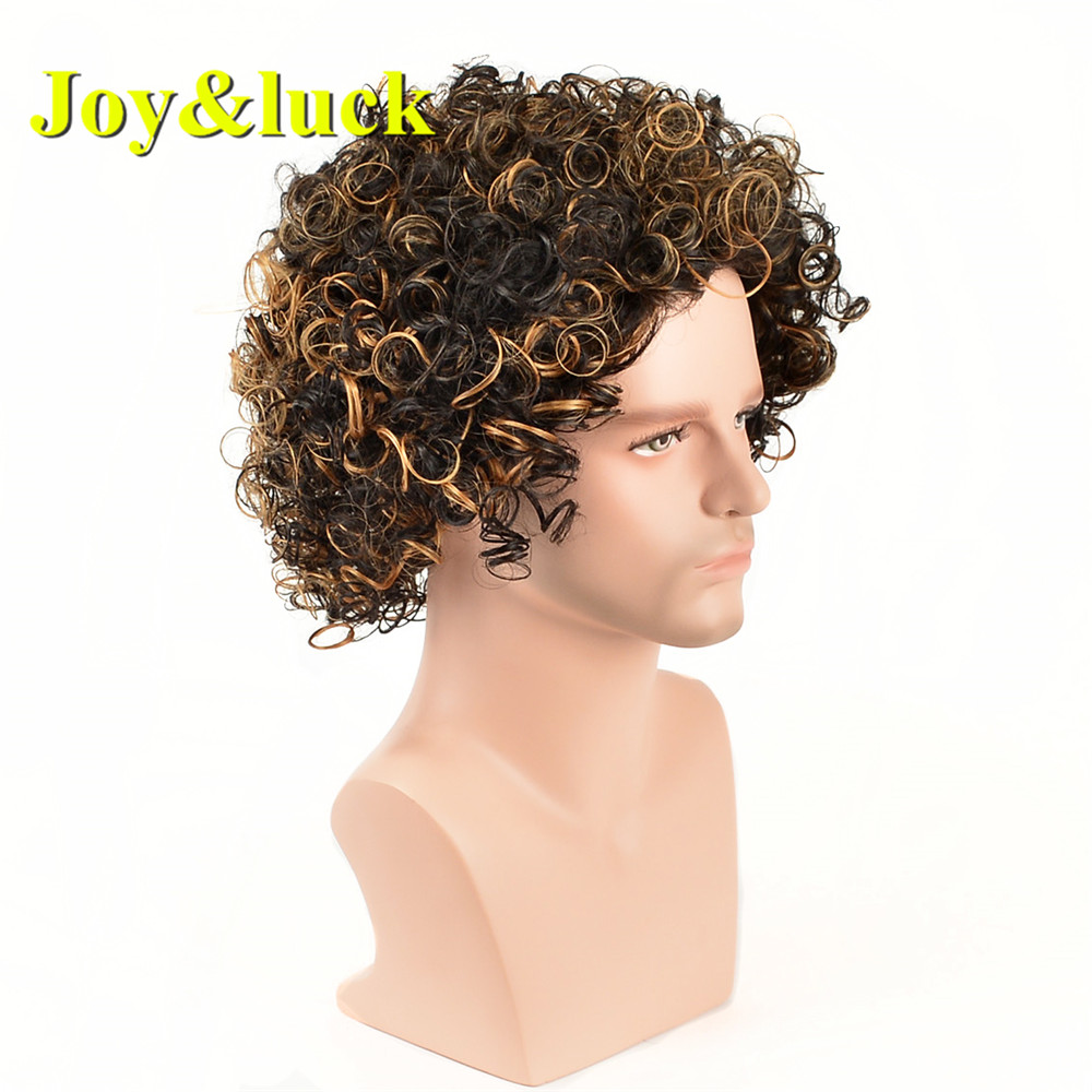 Wholesale Wigs for Men Brown Ombre Gold Color Male Daily or Party Hairstyle Short Natural Curly Men Wigs Synthetic Hair Wigs