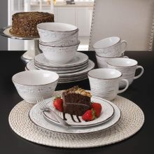 Pfaltzgraff Trellis White 16-Piece Dinnerware Set, Service for 4, Distressed White