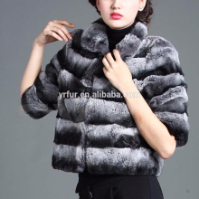 YR415 Fashion Ladies Real Rex Rabbit Chinchilla color Dyed Fur Jacket