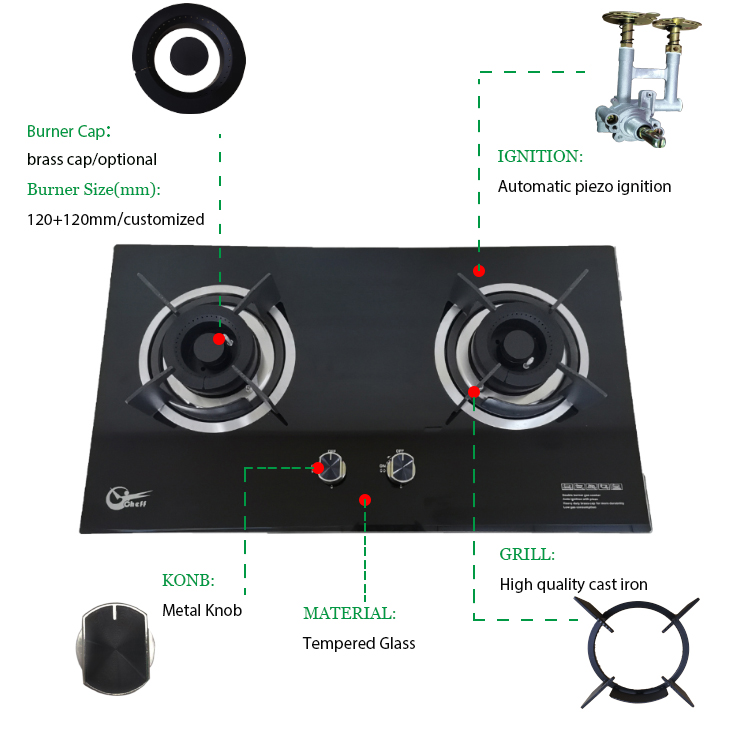 Cena fabryczna wysokiej jakości wbudowana szyba hartowana LPG dwupalnikowa kuchenka gazowa;