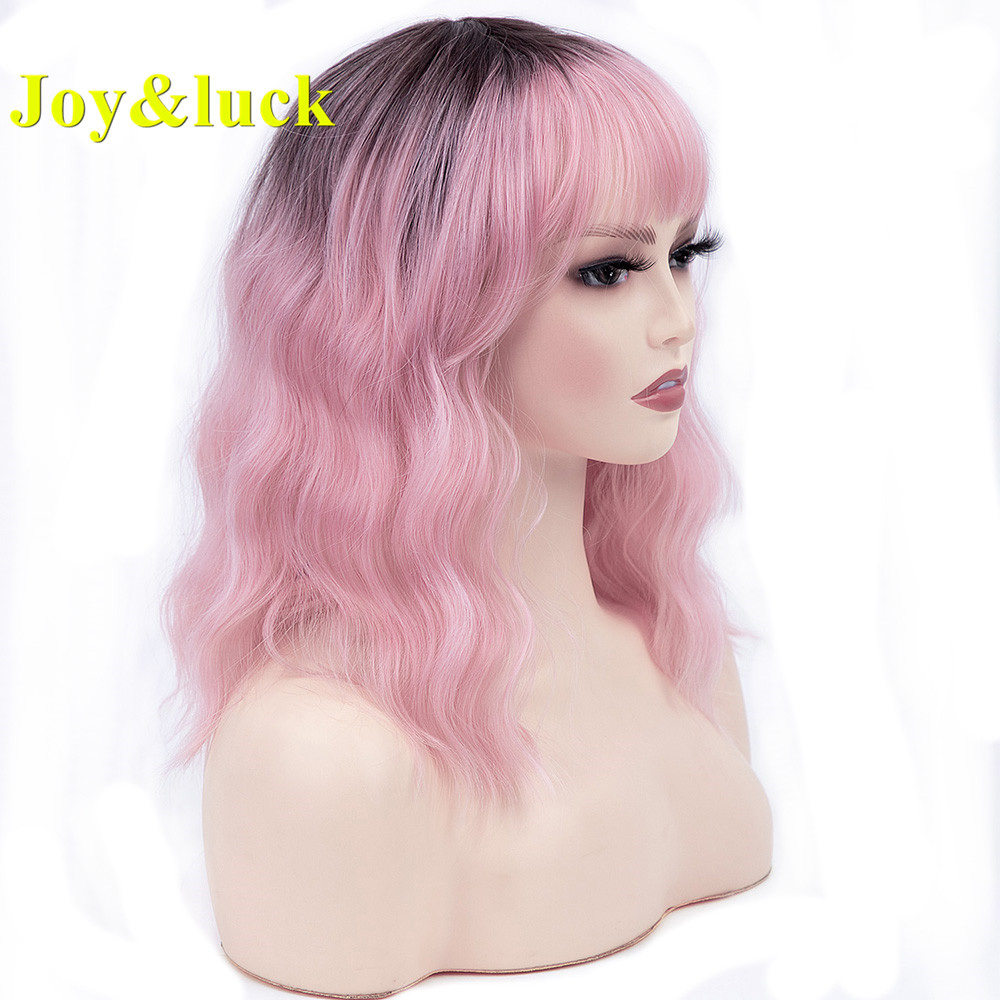 Ladies Wholesale Prices Dark Root Women's Wigs With Bangs Wavy Party Black Ombre Pink Short Natural Water Wave Synthetic Wigs