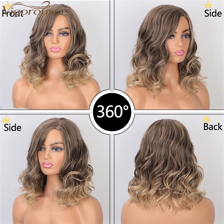 Vigorous 14 Inches Short Wavy Synthetic Side Part Wig Heat Resistant Fiber Cosplay Wig For Women Gray Mixed Blonde Color
