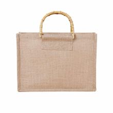 Vintage Jute Burlap Tote Bag with Bamboo Handles