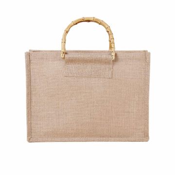 Vintage Jute Burlap Tote Bag with Bamboo Handles