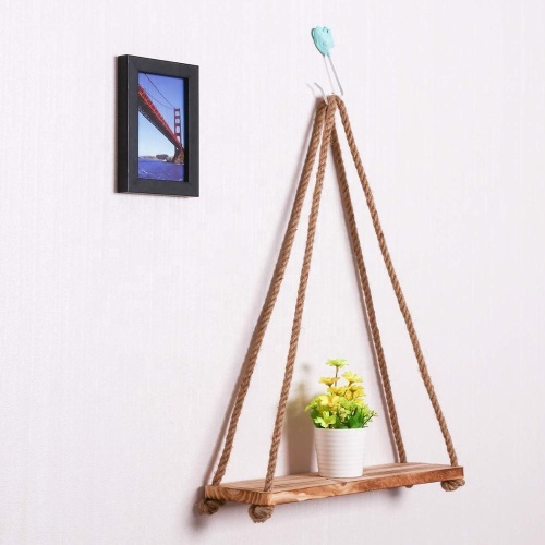 Set Of 2 Wood Wall Hanging Jute Rope Wall Shelves