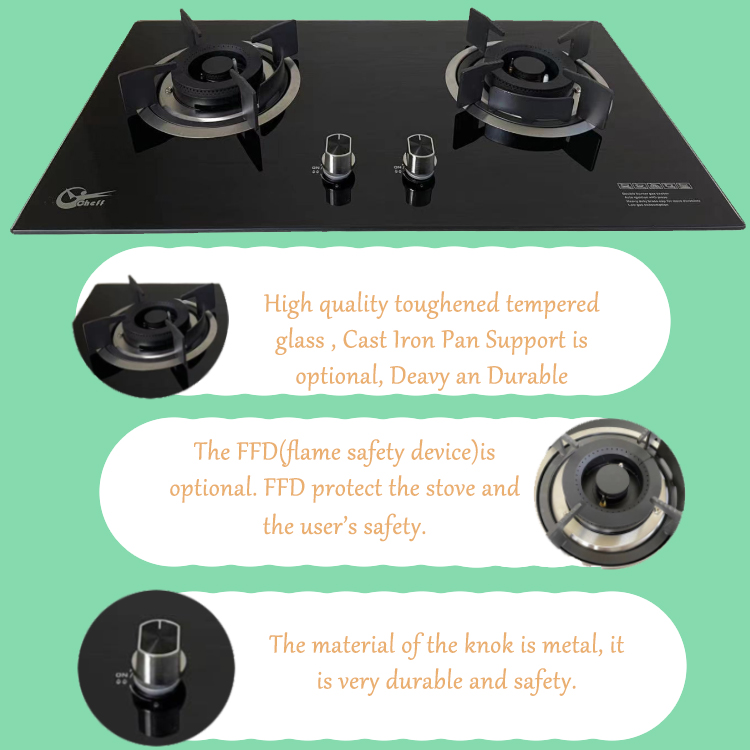 Cocina de gas de la estufa de dos hornillas de vidrio templado incorporada de alta calidad del precio de fábrica LPG