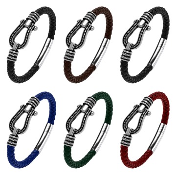 Men's Handmade Leather Bracelet Vintage Horseshoe Bracelet Cuff Wrap Rope Wristband Steel Stainless Leather Bangles Cuffs