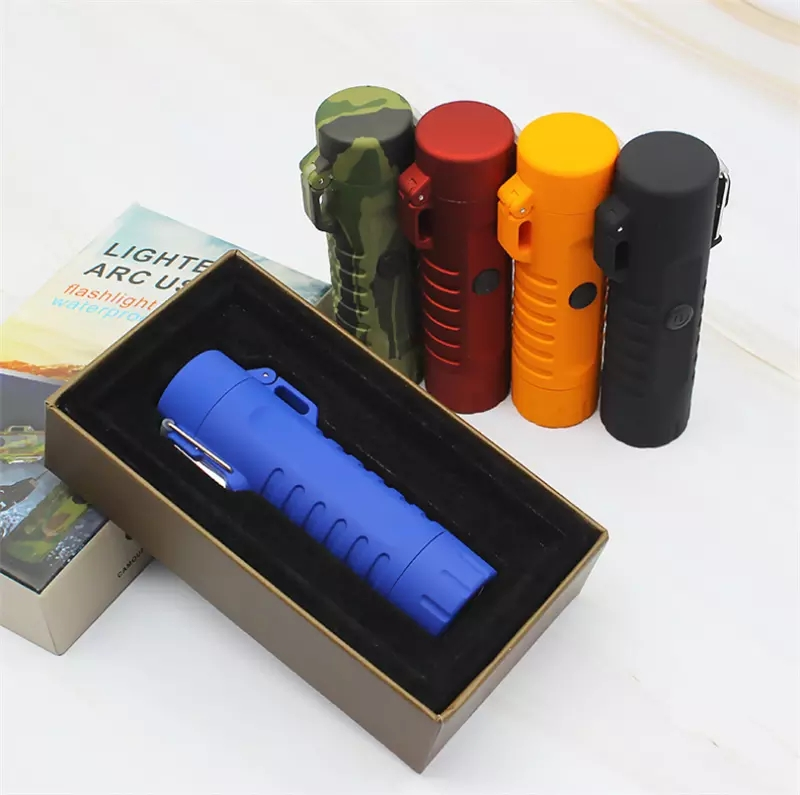 Camping Waterproof Dual Arc Lighter USB Rechargeable Windproof Flameless Electric Cigarette Lighter with LED Flashlight