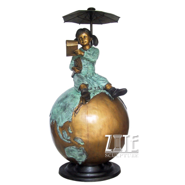 Garden decorative bronze children girl sitting globe sculpture