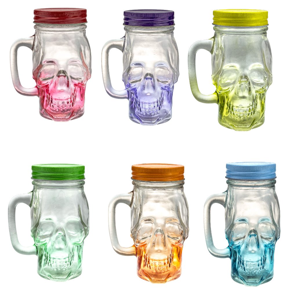 Mason Jar Skull Glass Drinking Mug 12 Ounce with Lid and Handle