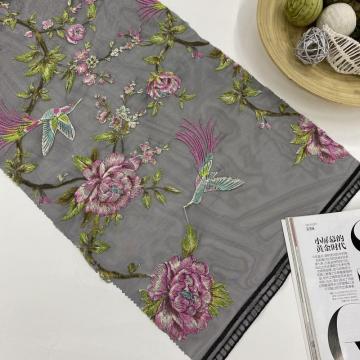 Unique Settled Printed Birds Embroidery On Mesh Fabric