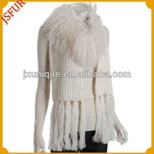 White and black long knitted mongolian fur scarf