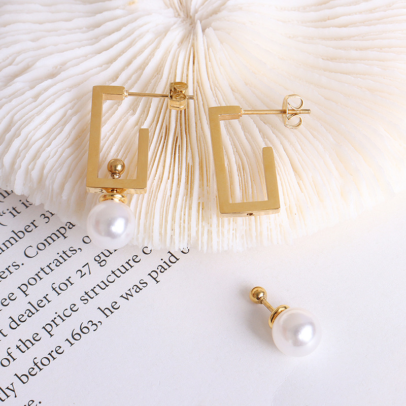 Trendy Stainless Steel 18k Gold Plated Earrings Rectangle Shape Jewelry Hoop Earrings With Pearl
