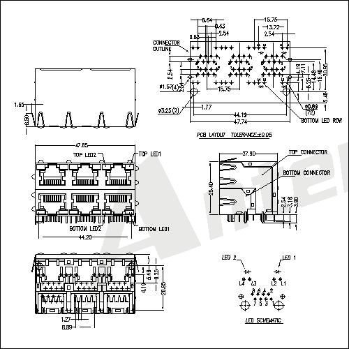 ATRJ5921-DBXXXD RJ45 CONNECTOR 2X3 PORT WITH LED EMI 8P8C SHIELD THRU-HOLE