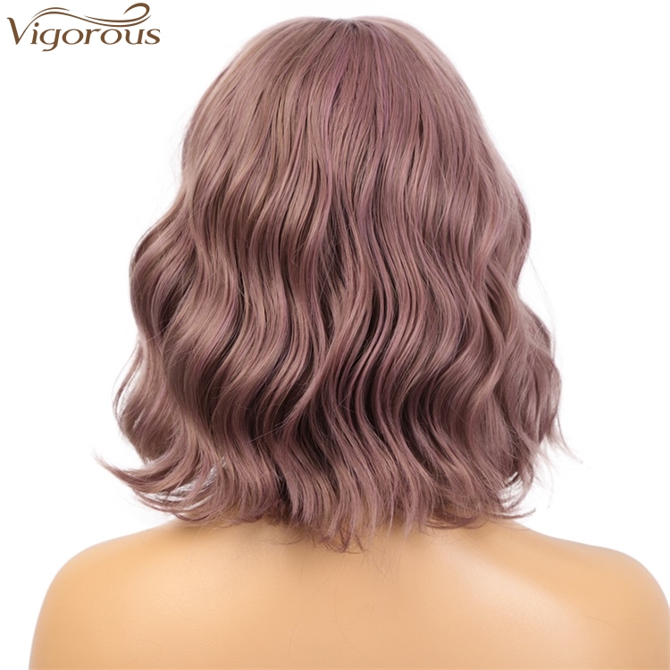 Vigorous Good Quality Synthetic Short Wavy Wigs Short Bob Purple Mixed Pink Wig With Neat Bangs Heat Resistant Wholesale Price