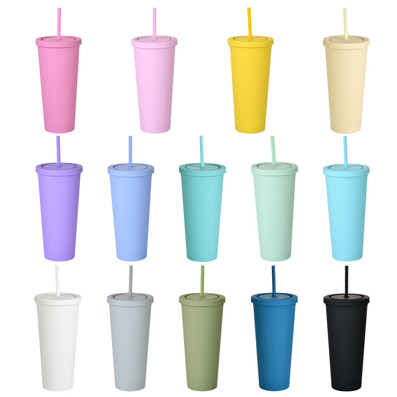 Amazon Hot 22 oz Colored Acrylic Reusable Cups with Lids and Straws Double Wall Matte Plastic Bulk Tumblers