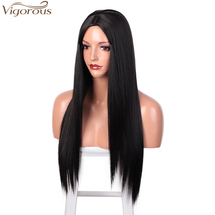 Vigorous High Temperature Middle Part Wigs For White Women Long Silky Straight Black Wigs Synthetic Wigs Wholesale Price