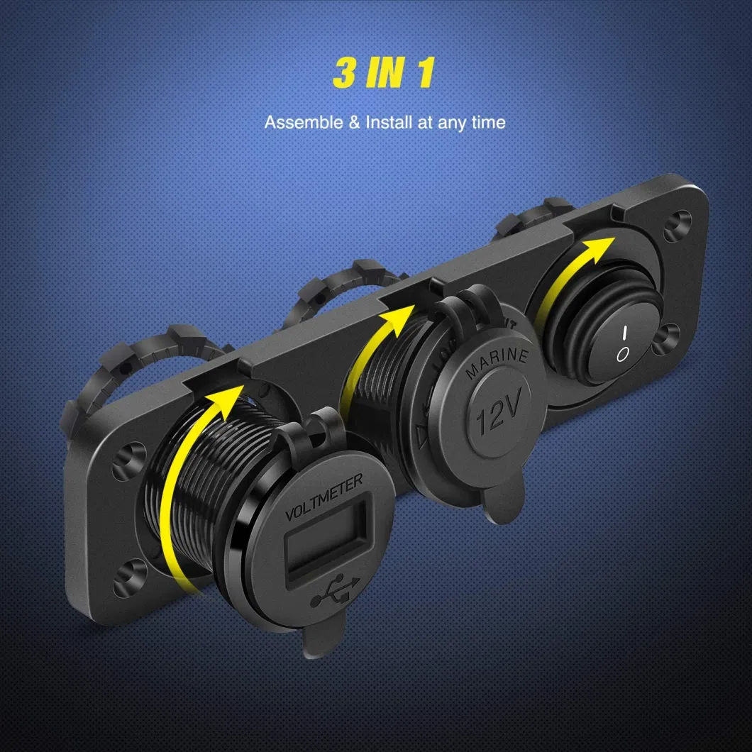 4 in 1 Charger Socket Panel Dual QC3.0 USB Charger with LED Voltmeter Display and Cigarette Lighter Socket and Power Cutoff Switch,Avoid Battery Drain off Switc