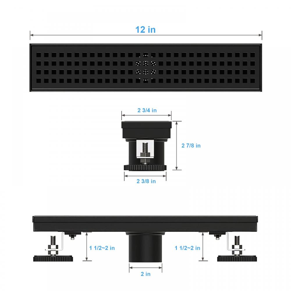 12 -Zoll -Dusche Linear schwarzer Abfluss rechteckiger Boden Abfluss mit Zubehör Quadrat Loch Muster Abdeckung Abnehmbar Sus304 STAI