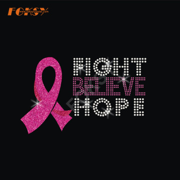 Fight Believe Hope Pink Ribbon Heat Rhinestone Motif