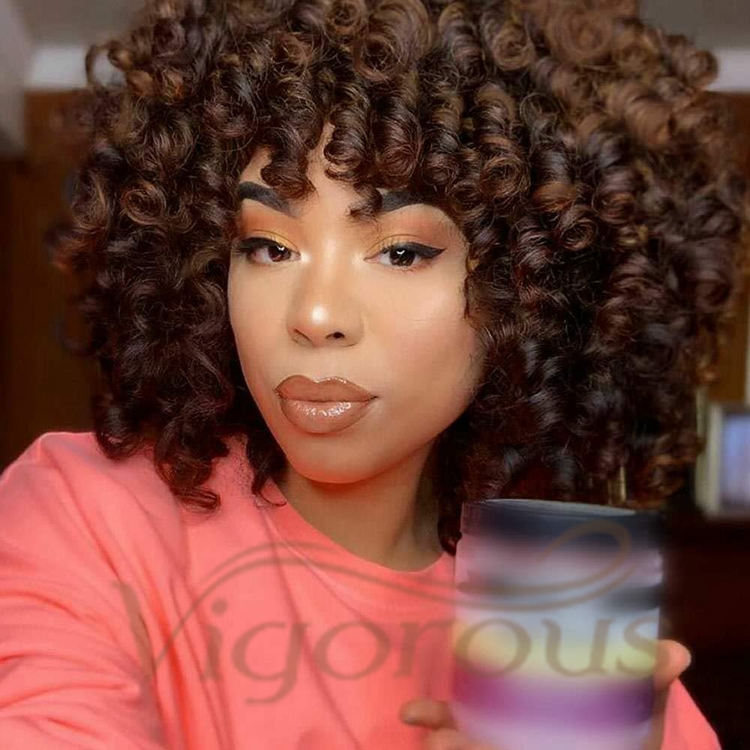 Vigorous Wholesale Short Kinky Curly Fluffy Brown Machine Made Heat Resistant Fiber Cosplay For Black Women Synthetic Hair Wigs