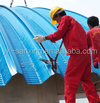 Perfiladeira de telhas de aco galvanizado autoportantes para cobertura de armazem hangar oficina telhado em forma de arco.