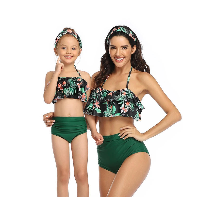 Hot Style Baby Swimwear Printed High-Waisted Bikini Flounces Mother and Daughter Swimwear Manufacturers Wholesale Spot