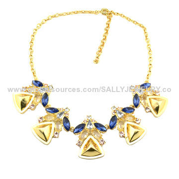 Golden Alloy Metal Necklaces, Made of Rhinestone, Alloy and Metal, Various Colors/Sizes