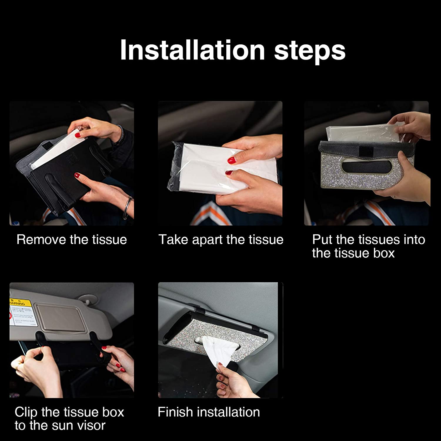 Bling Bling Car Sun Visor Tissue Box Holder Crystal Sparkling Napkin Holder PU Leather Backseat Tissue Case Car Accessories