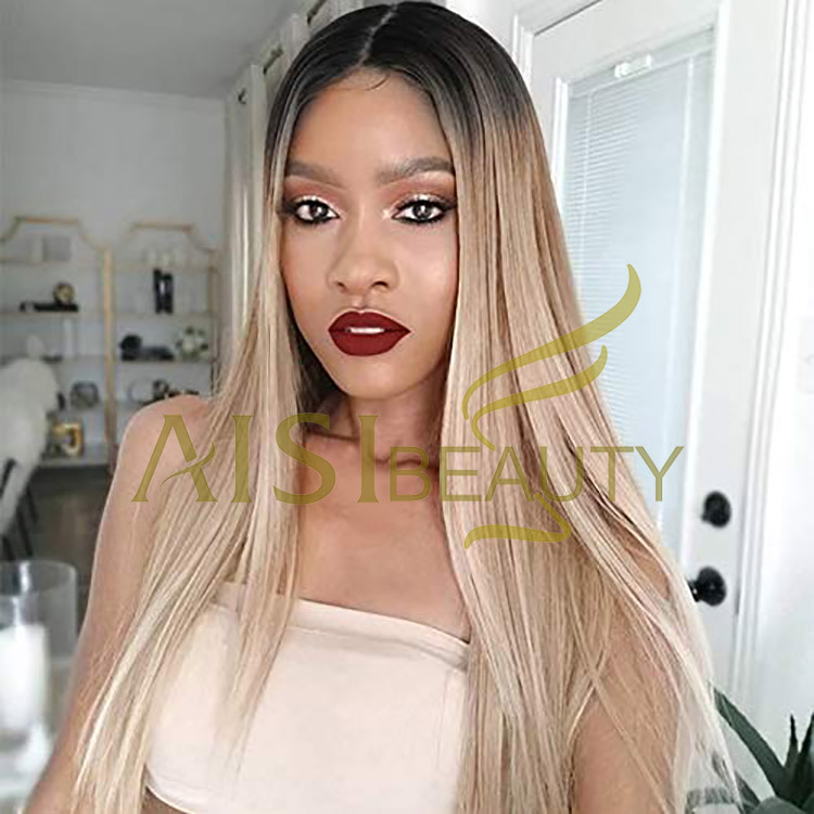 Aisi Beauty Vendor Cheap Party 26 Inch Long Straight Ombre Blonde Wig Swiss Lace Synthetic Hair For Black Women Lace Front Wig