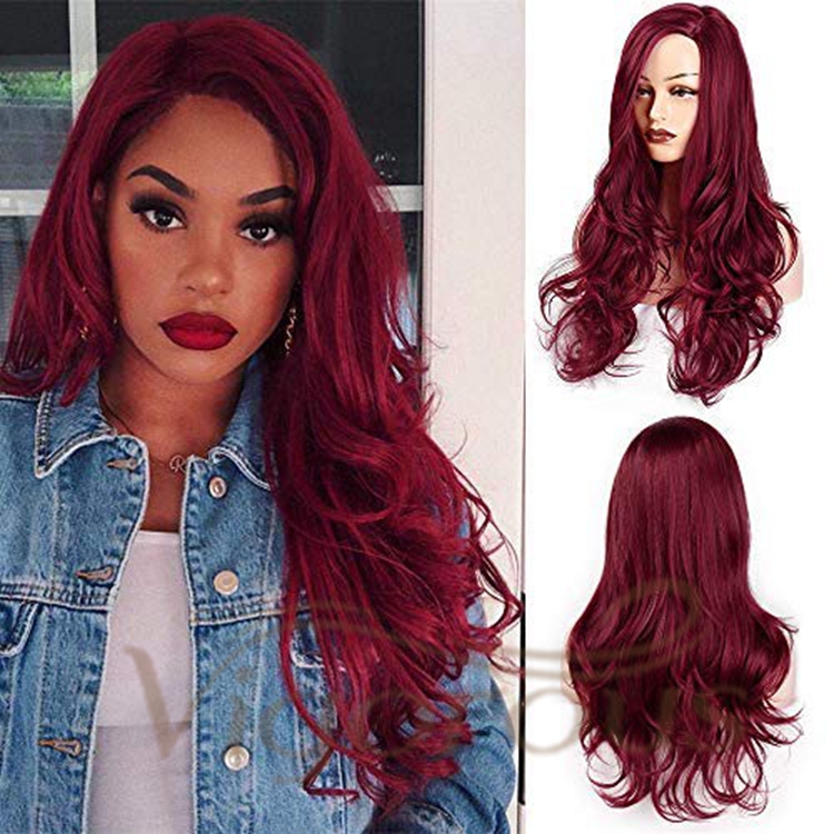 Vigorous Wholesale Cheap Side Part Burgundy Heat Resistant Fiber Body Wave Machine Made For Black Women Synthetic Hair Wigs