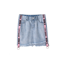 Ladies Ribbon Side Rough Edge Straight Short Jeans Skirt